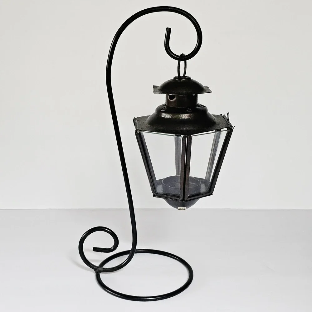 Vintage Indian Hanging Glass Lantern Black Metal Stand Gothic Witchy Home Decor